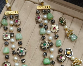 Handcrafted Kundan Mala Set: Green Gemstones, Pearls, Indian Wedding Jewelry