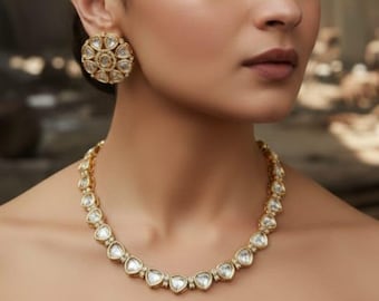 Kundan Polki Necklace Set | Bridal Wedding Jewelry | Gold Round Earrings & Necklace