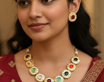 Multicolor Kundan Necklace Set • Traditional Rajasthani Jewelry • Polki Choker with Earrings • Indian Wedding jewelry