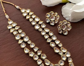Long Kundan Necklace Set | Polki Layered Bridal Jewelry with Earrings | Indian Wedding Jewelry