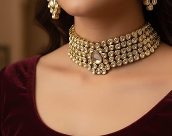 Set di collana girocollo Kundan color oro, gioielli da sposa indiani, girocollo tradizionale in pietra con orecchini