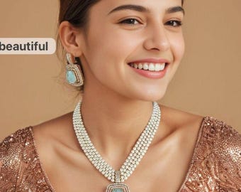 Kundan Pearl Beaded Necklace Set | Green Gemstone Indian Jewelry