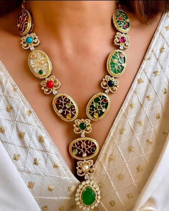 Kundan Polki Jewelry Set: Multicolor Enamel Necklace & Earrings, Indian Bridal Jewelry