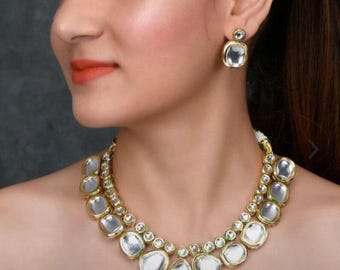 Kundan-chokerkettingset voor dames | Indiase bruidssieraden | Gouden spiegelpolki-ketting