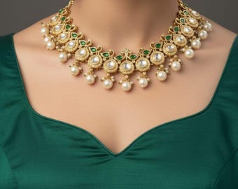Gold Kundan Pearl Choker Necklace | Indian Bridal Jewelry | Green Stone Wedding Necklace Set