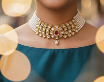 Kundan Pearl Choker Necklace • Bridal Indian Jewelry • Gold Plated Wedding Choker Set