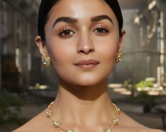 Kundan Choker Necklace Set | Gold-Tone Polki Style Jewelry | Bridal Indian Necklace with Earrings