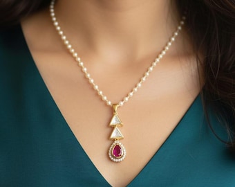 Pearl Necklace with Kundan Pendant | Gold Plated Ruby Drop Necklace | Elegant Indian Jewelry