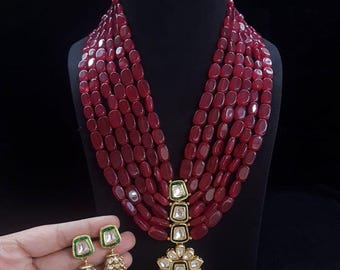 Maroon Kundan Beaded Necklace Set: Antique Gold Indian Bridal Jewelry