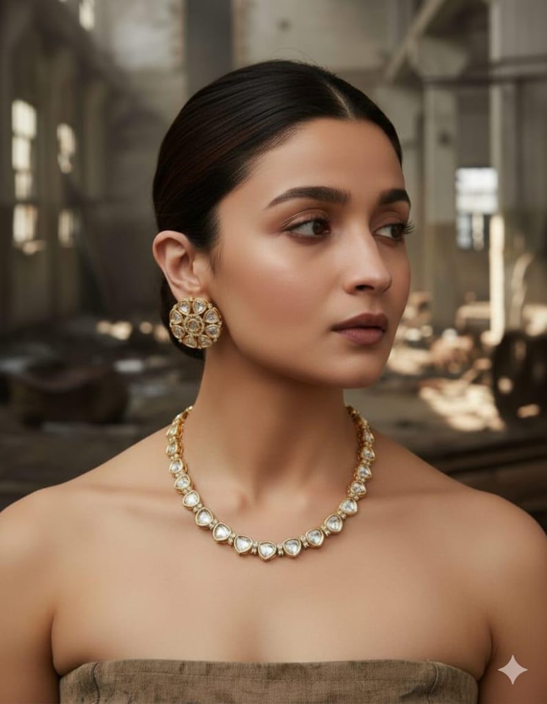 May include: A gold-toned necklace and matching earrings set. The necklace features heart-shaped clear stones set in gold. The earrings are round with a similar design. The jewelry is worn on a person with dark hair and a neutral-toned top.