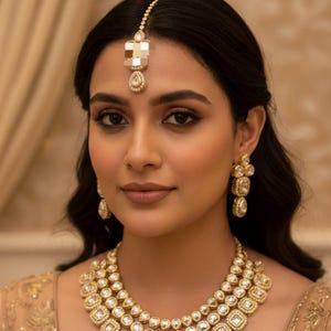 Kundan-bruidskettingset • Gouden polkichokerset met oorbellen en ring • Indiase huwelijkssieraden