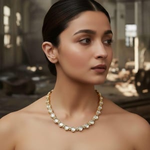 May include: A gold-toned necklace featuring heart-shaped clear stones. The necklace is worn around the neck. The background is blurred, with a neutral color palette. The necklace is the focal point of the image.