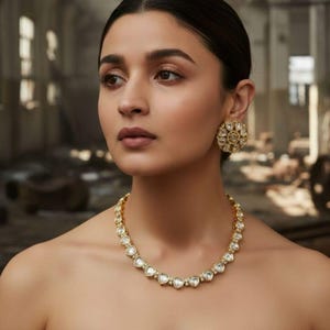 May include: A woman wearing a gold necklace and matching earrings. The necklace features clear, heart-shaped stones set in a gold frame. The earrings are round with a similar design. The woman has dark hair and is wearing a strapless top.