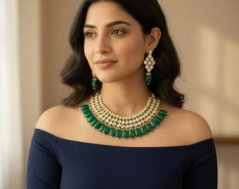 Smaragdgroene kundan-kettingset • Vergulde bruidssieraden • Indiase bruiloftchoker • Polki-ketting