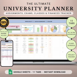 University Student Planner Spreadsheet 2025, College Assignment Tracker Google Sheets, School Study Tracker, Class Schedule Digital Planner