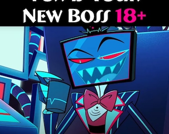 May include: Digital illustration of a character with a television screen for a head, red eyes, and a wide, toothy grin. The character is wearing a suit with a pink bow tie. Text reads "VOX IS YOUR NEW BOSS 18+" and "Instant Letter".