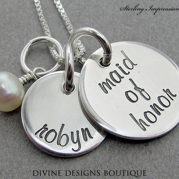 Maid of Honor Gift - Wedding Jewelry - Sterling Impressions Handstamped Maid of Honor Personalized Name Necklace