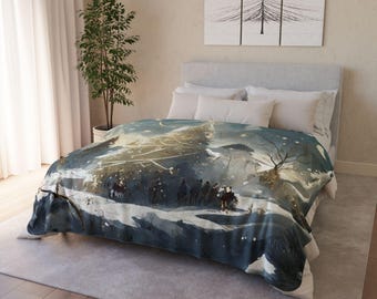 May include: A blue and white watercolour duvet cover featuring a winter scene of a snowy forest with a group of people walking through the trees.