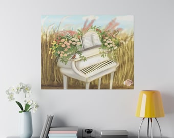 Puede incluir: Un piano de cola blanco con un libro de música abierto se encuentra en un campo de trigo. El piano está decorado con flores y un pequeño pájaro.