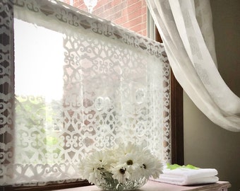 Decorative Flat Curtain Panel for Half Window, Alternative to Window Clings and Shades, Lace Semi Sheer