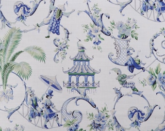 Chinoiserie Toile Home Fabric by the yard, Mandarin Prose in Porcelain,