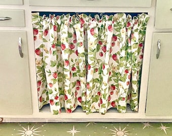 Strawberry Kitchen Cafe Curtain, Sink Skirt, Customized Length, Retro Vintage Fruit Theme, Sustainable Eco-Friendly Cotton, Rod Pocket Style