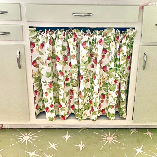 Strawberry Kitchen Cafe Curtain, Sink Skirt, Customized Length, Retro Vintage Fruit Theme, Sustainable Eco-Friendly Cotton, Rod Pocket Style