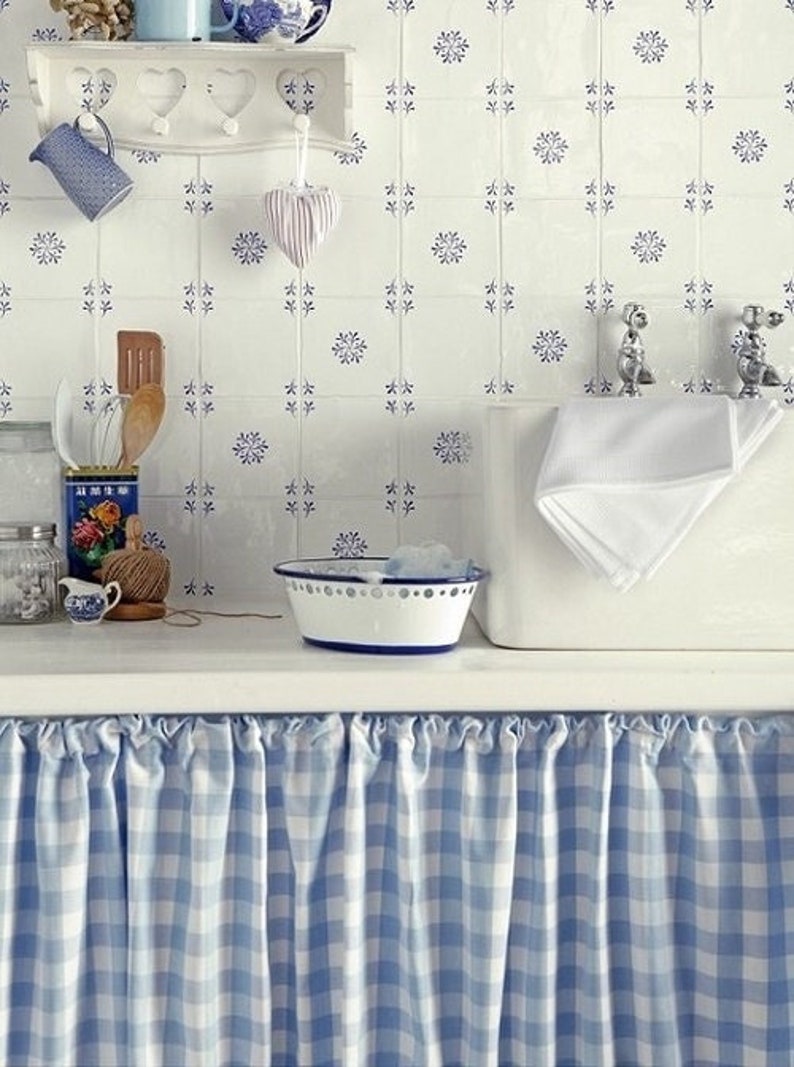 Under Sink Curtain Skirt, Lightweight Gingham Check in 10 Colors, Unlined, Custom Made, Under Counter, Cabinet Curtain, Cafe Length Curtain Sky Blue Gingham