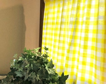 Yellow Retro Style Cafe Curtain + 9 More Color Options, Gingham Check, Rod Pocket,