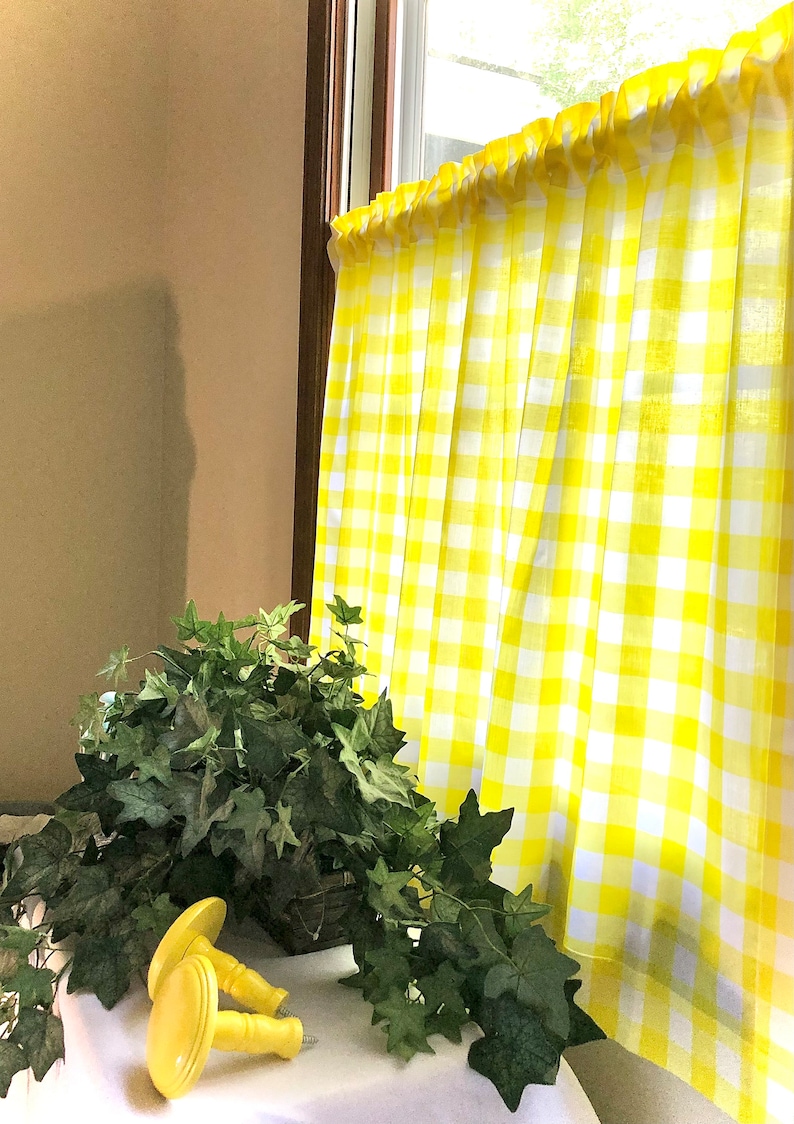 Yellow Retro Style Cafe Curtain 9 More Color Options, Gingham Check, Rod Pocket, Gelb