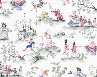 Childrens' Curtain Over the Moon Print, Pink and Green colors on Off White, Nursery Toile, Rod Pocket, Short Sill Mid Half Length,