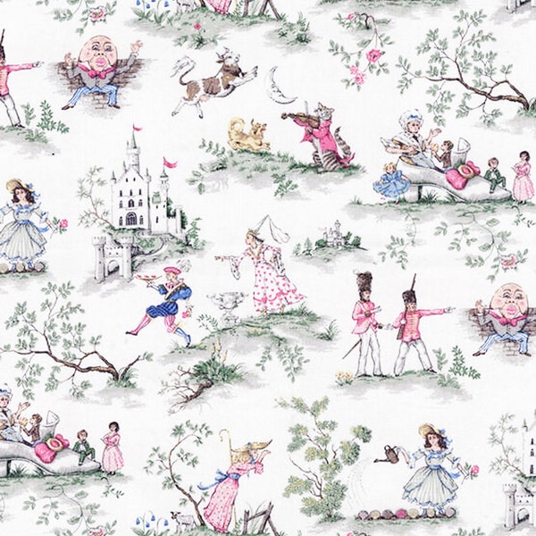 Childrens' Curtain Over the Moon Print, Pink and Green colors on Off White, Nursery Toile, Rod Pocket, Short Sill Mid Half Length,