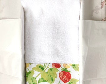 Fingertip Towel with Decorative Border in Lidded Gift Box, Strawberry Kitchen Bath Gift, All Cotton Loop, Certified Eco Friendly, Absorbant