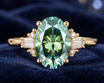 Dainty Oval Cut Green Moissanite Engagement Ring Vintage Unique Rose Gold Green Moissanite Wedding Ring Anniversary Ring