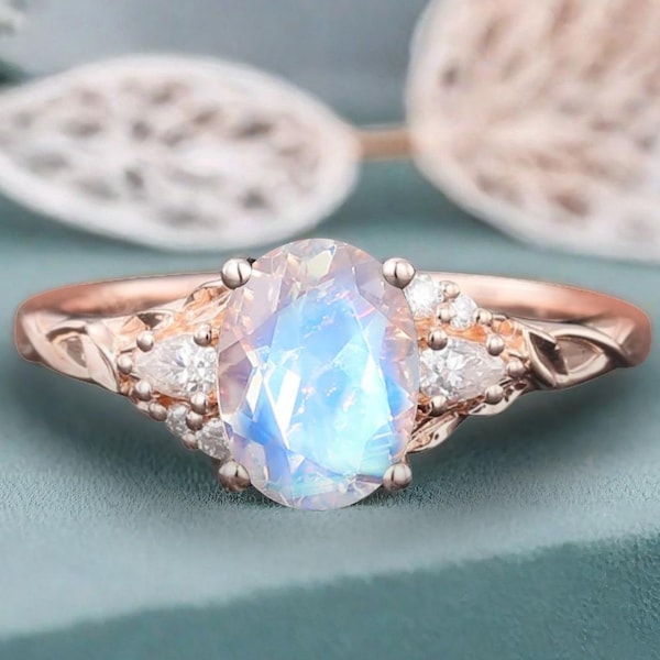 Bague de fiançailles en pierre de lune ovale vintage en or massif 14 carats, pierre de lune, pierre de lune unique, bague de promesse en moissanite, cadeau d'anniversaire
