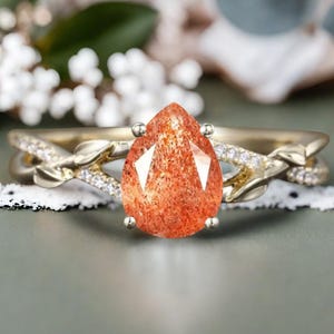 Anillo vintage único de piedra solar en oro macizo de 14 quilates con corte de pera naranja, anillo de compromiso con moissanita, anillo de promesa, regalo de aniversario para mujer.