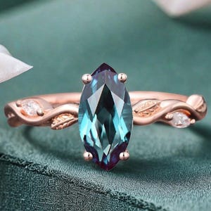 Marquise Cut Alexandrite Engagement Ring June Birthtone Gemstone Ring Solid Gold Alexandrite Leaf Promise Moissanite Ring Anniversary Gift
