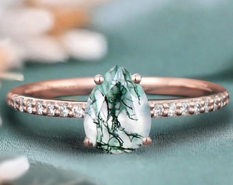 Unique Pear Cut Moss Agate Engagement Ring Vintage Green Agate Wedding Ring Delicate Green Moss Agate Ring Moissanite Cluster Ring For Women