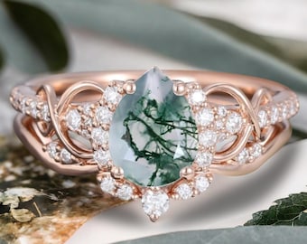 Pear Cut Natural Moss Agate Engagement Ring Set Rose Gold Cluster Moissanite Bridal Ring Set Green Agate Wedding Ring Set Anniversary Gift