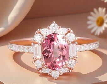Oval slipad rosa safir förlovningsring Vintage unik roséguld rosa safir vigselring Rosa safir Halo vigselring jubileumspresent