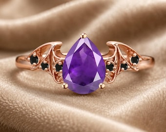 Vintage Pear Cut Amethyst Bat Wing Ring Rose Gold Black Onyx Engagement Ring Unique Amethyst Bridal Ring Christmas gifts