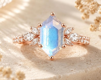 Vintage Hexagon Labradorite Engagement Ring Unique Nature Labradorite Wedding Ring Solid Gold Rose Gold Promise Women Ring Anniversary Gift