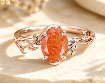 Vintage Unique Sunstone Ring 14K Solid Gold Oval Orange Gemstone Engagement Ring Unique Promise Ring Anniversary Gift For Women