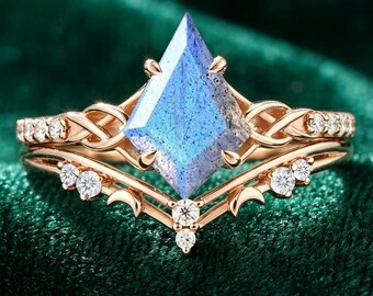 Unique Kite Cut labradorite Ring Vintage Engagement Ring Set 14k Rose Gold Marquise Moissanite Ring Women Promise Bridal Wedding Ring Set