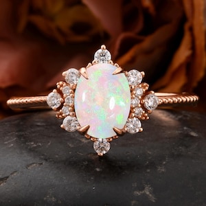 Vintage Opal Engagement Ring Set Unique 14K Rose Gold Nature Wedding Ring Delicate White Fire Opal Ring Unique October Birthstone Ring Gift