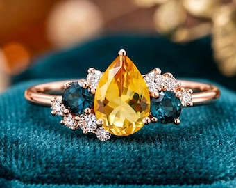 Unique Citrine Ring Vintage Pear Cut Orange Citrine Engagement Ring Art Deco London Blue Topaz Promise Ring Anniversary Gift For Women