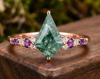 Kite Cut Moss Agate Engagement Ring Unique Vintage Amethyst Wedding Ring Green Agate Ring Moissanite Cluster Ring For Women