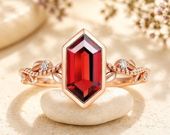 Hexagon Cut Ruby Engagement Ring Vintage Unique Rose Gold Ruby Promise Ring Cluster Moissanite Bridal Ring Anniversary Ring For Her