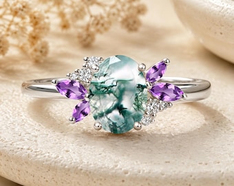 Oval Cut Moss Agate Engagement Ring Vintage Green Agate Wedding Ring Amethyst Cluster Ring For Women Anniversary Gift For Her