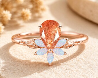 Vintage Unique Sunstone Ring 14K Solid Gold Pear Cut Orange Gemstone Engagement Ring Opal  Promise Ring Anniversary Gift For Women